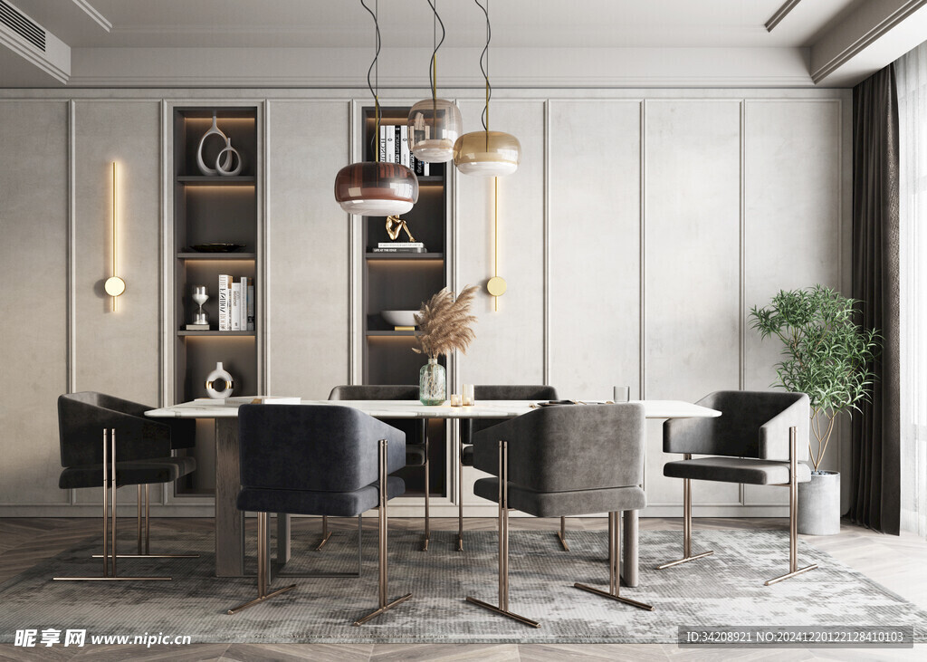 现代简约极简风格餐厅圆桌餐边柜