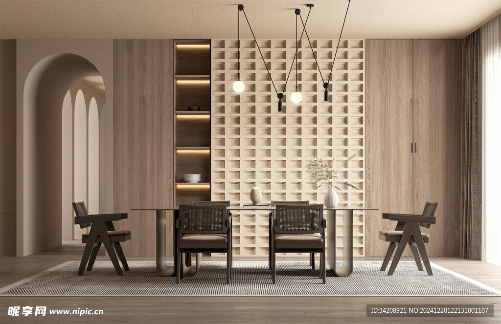 现代简约极简风格餐厅圆桌餐边柜