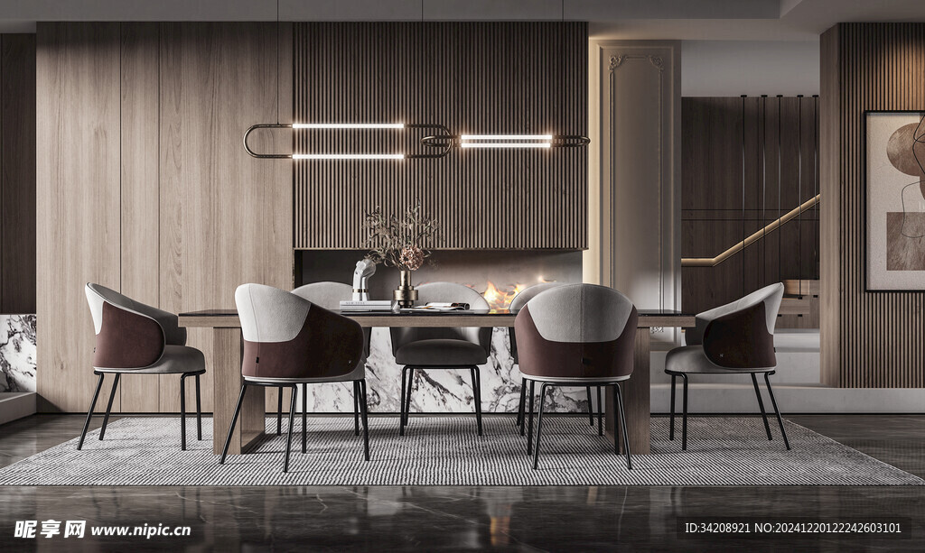 现代简约极简风格餐厅圆桌餐边柜