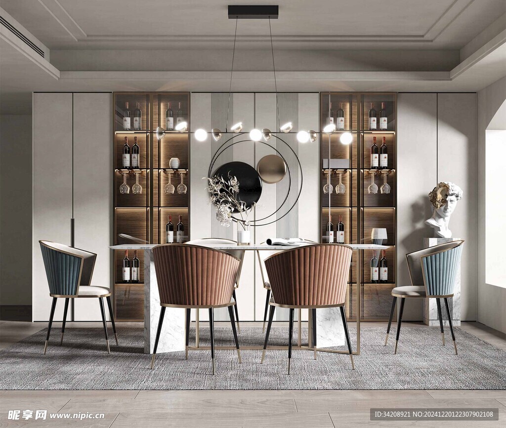 现代简约极简风格餐厅圆桌餐边柜