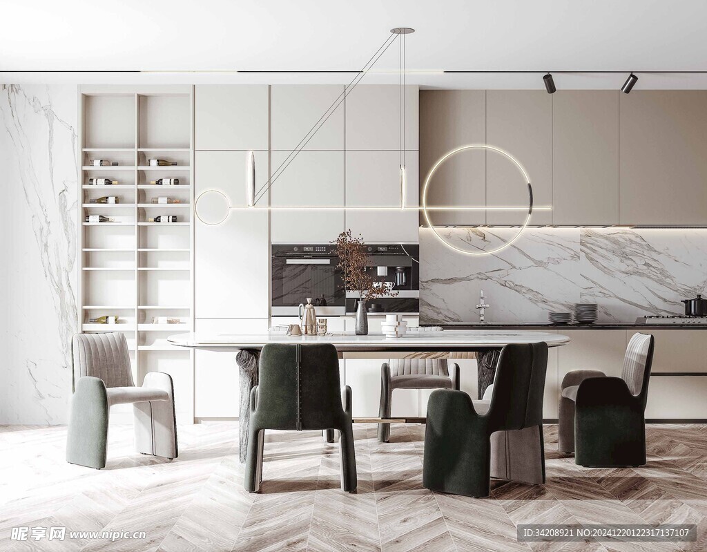 现代简约极简风格餐厅圆桌餐边柜