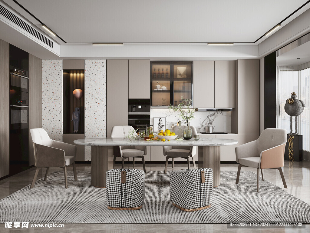 现代简约极简风格餐厅圆桌餐边柜