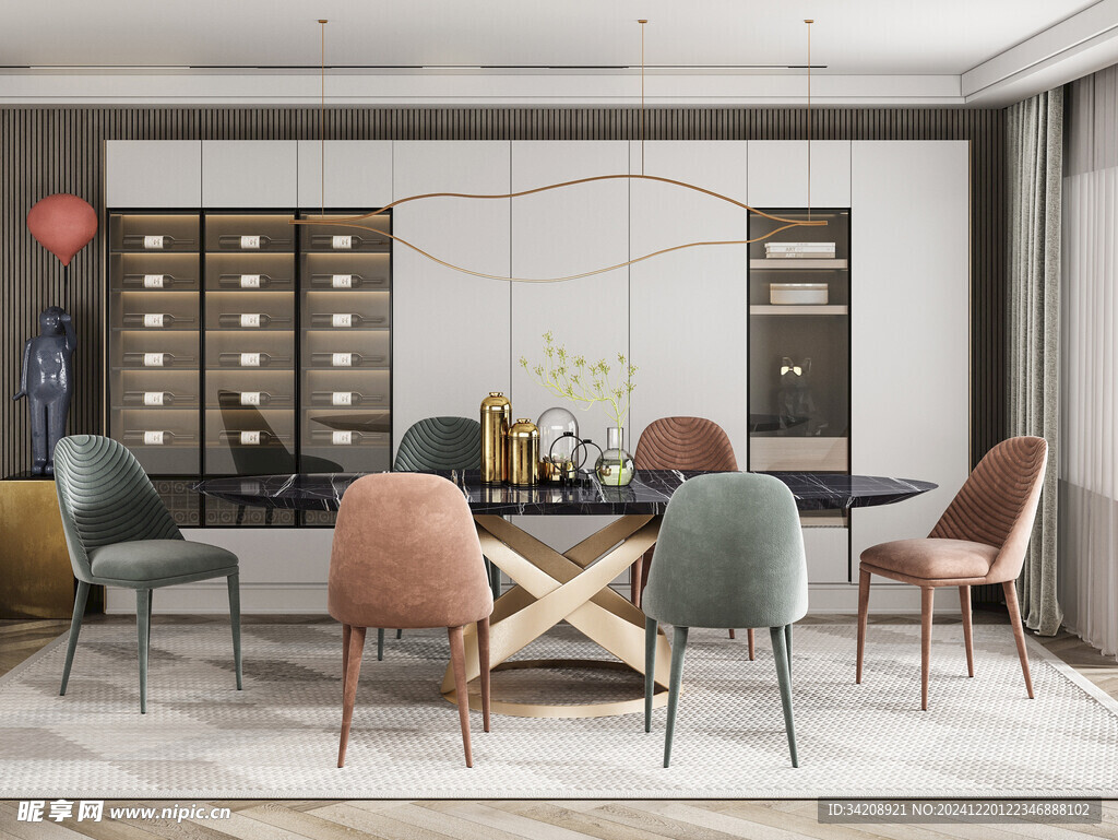 现代简约极简风格餐厅圆桌餐边柜