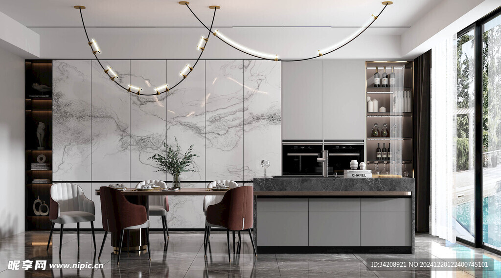 现代简约极简风格餐厅圆桌餐边柜