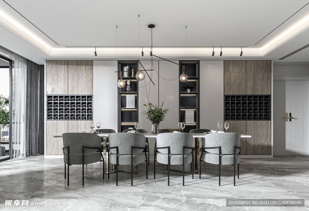 现代简约极简风格餐厅圆桌餐边柜