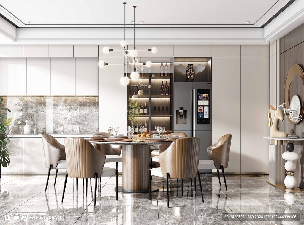 现代简约极简风格餐厅圆桌餐边柜