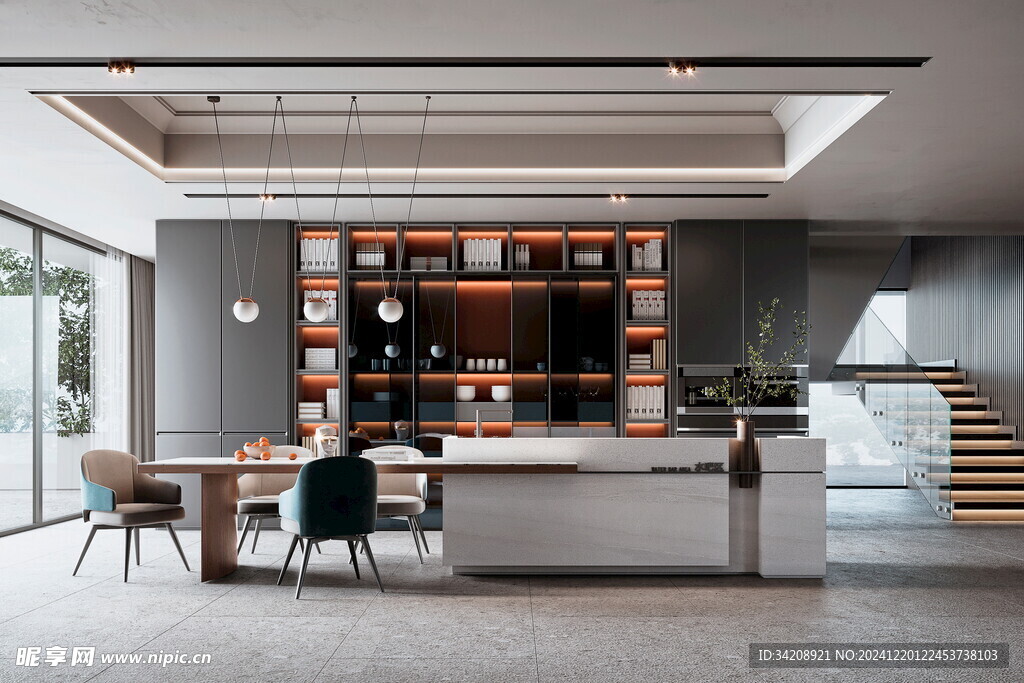 现代简约极简风格餐厅圆桌餐边柜