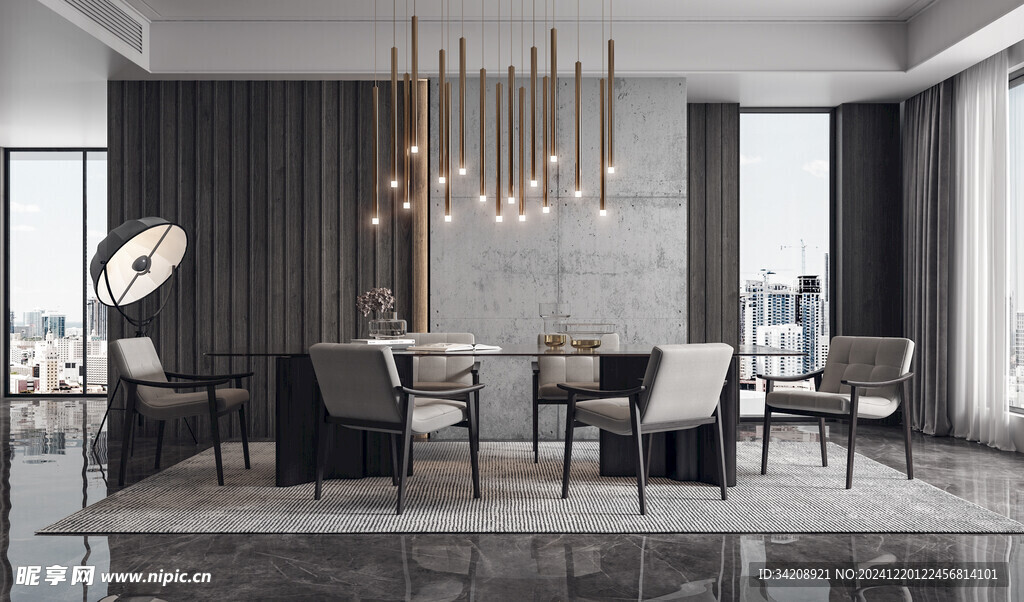 现代简约极简风格餐厅圆桌餐边柜