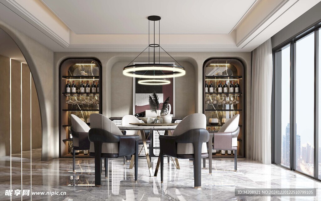 现代简约极简风格餐厅圆桌餐边柜