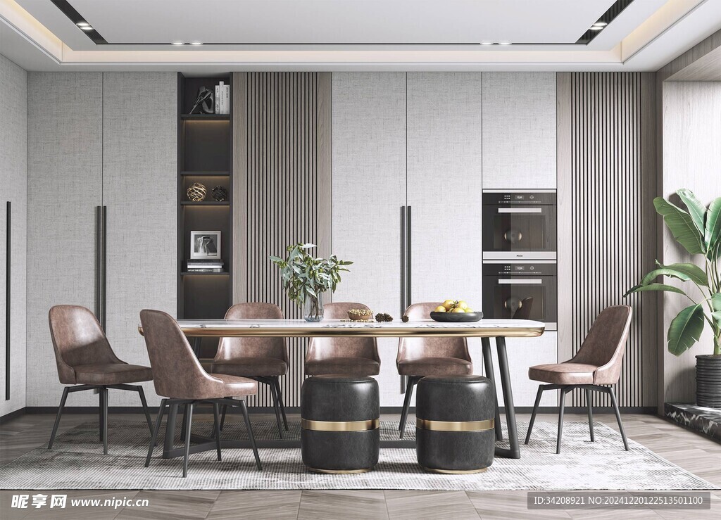 现代简约极简风格餐厅圆桌餐边柜