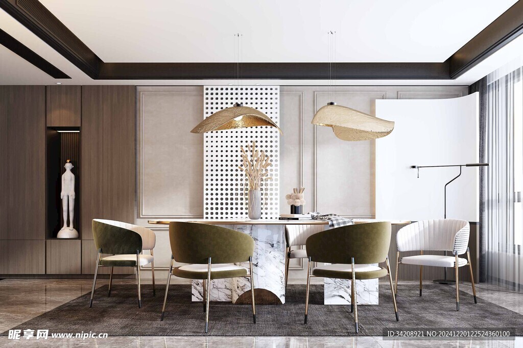 现代简约极简风格餐厅圆桌餐边柜