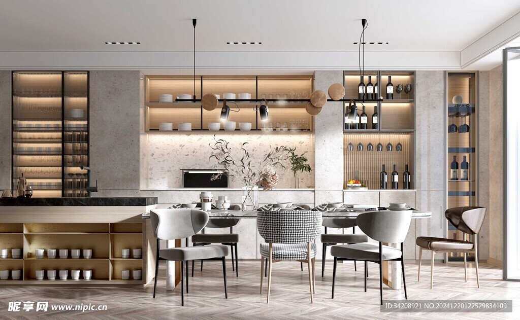 现代简约极简风格餐厅圆桌餐边柜