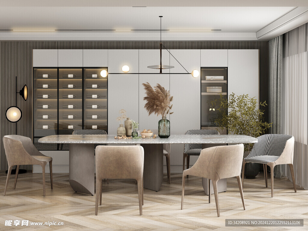 现代简约极简风格餐厅圆桌餐边柜