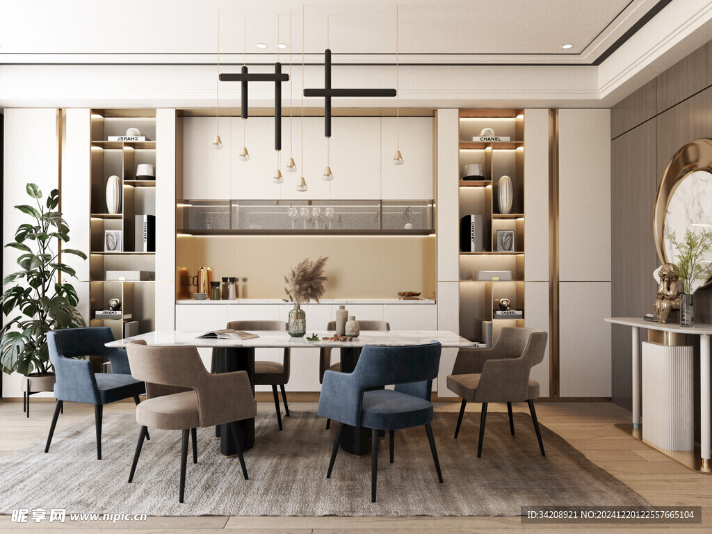 现代简约极简风格餐厅圆桌餐边柜