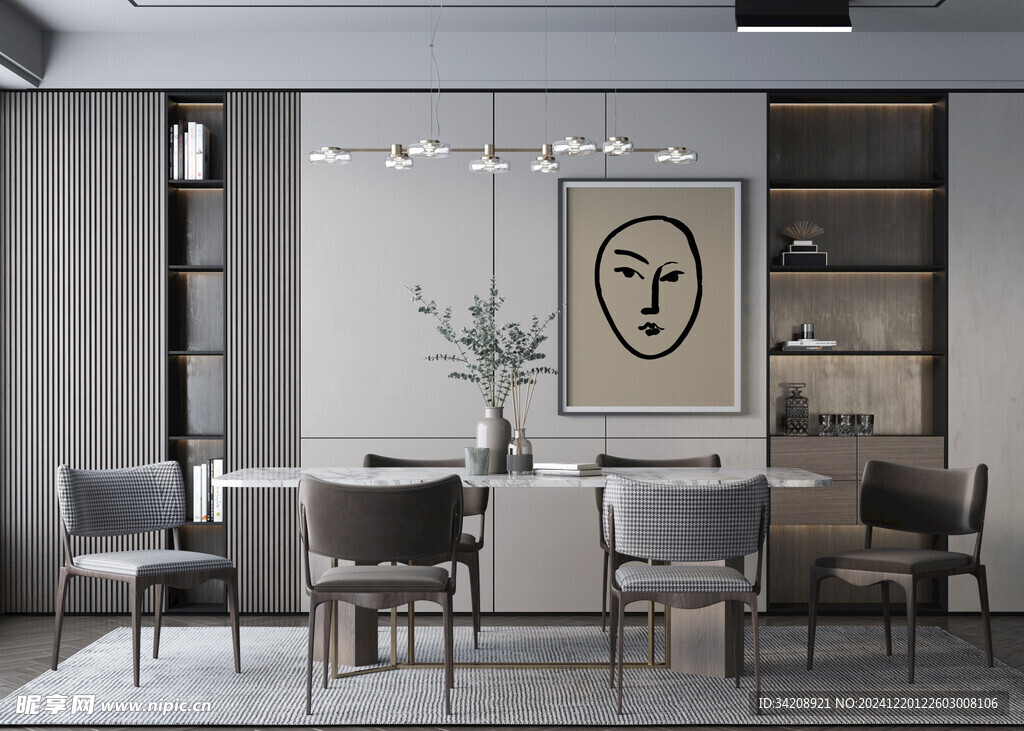 现代简约极简风格餐厅圆桌餐边柜