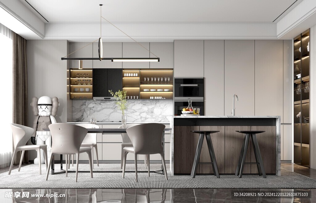 现代简约极简风格餐厅圆桌餐边柜