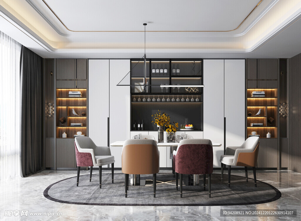 现代简约极简风格餐厅圆桌餐边柜