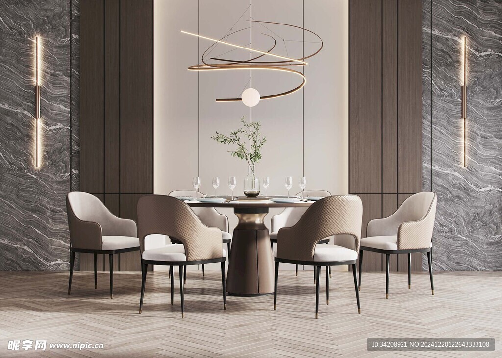 现代简约极简风格餐厅圆桌餐边柜