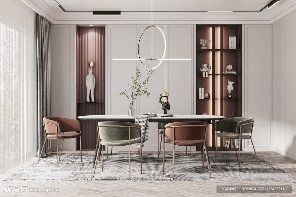 现代简约极简风格餐厅圆桌餐边柜