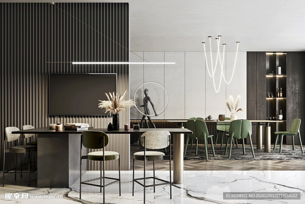 现代简约极简风格餐厅圆桌餐边柜