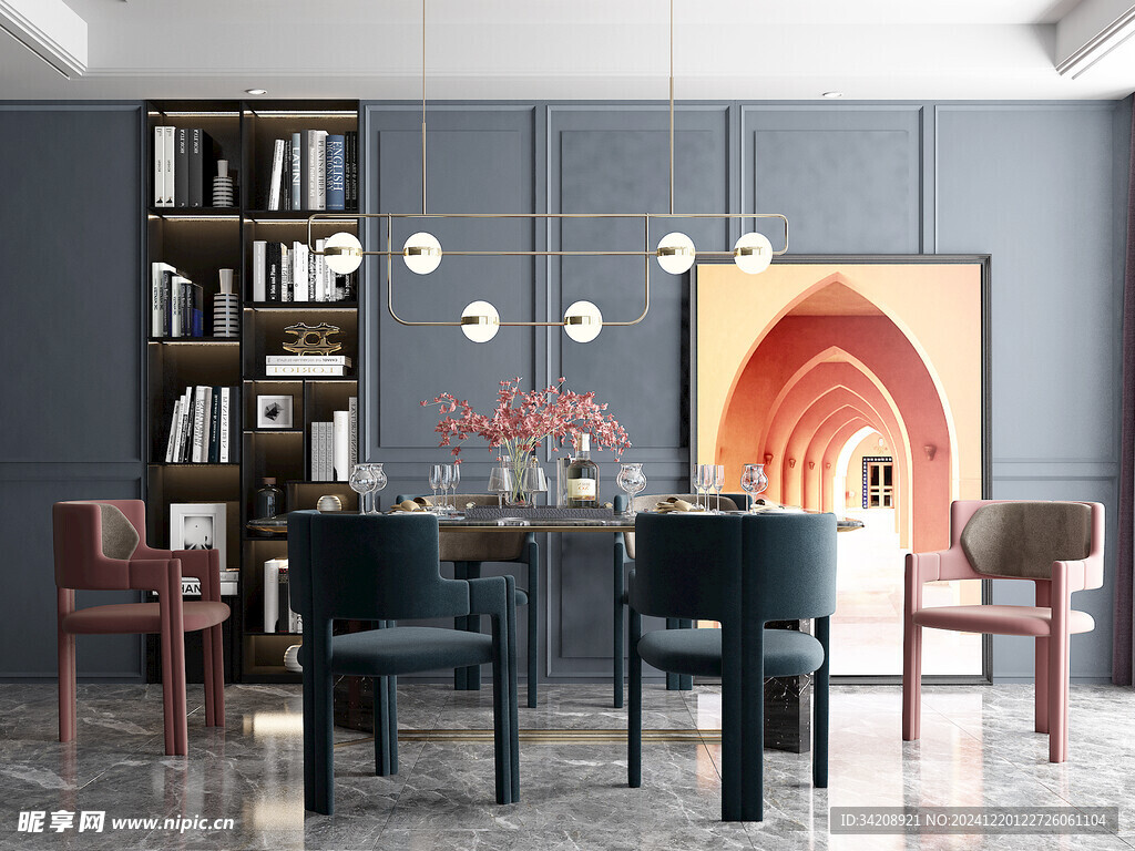 现代简约极简风格餐厅圆桌餐边柜