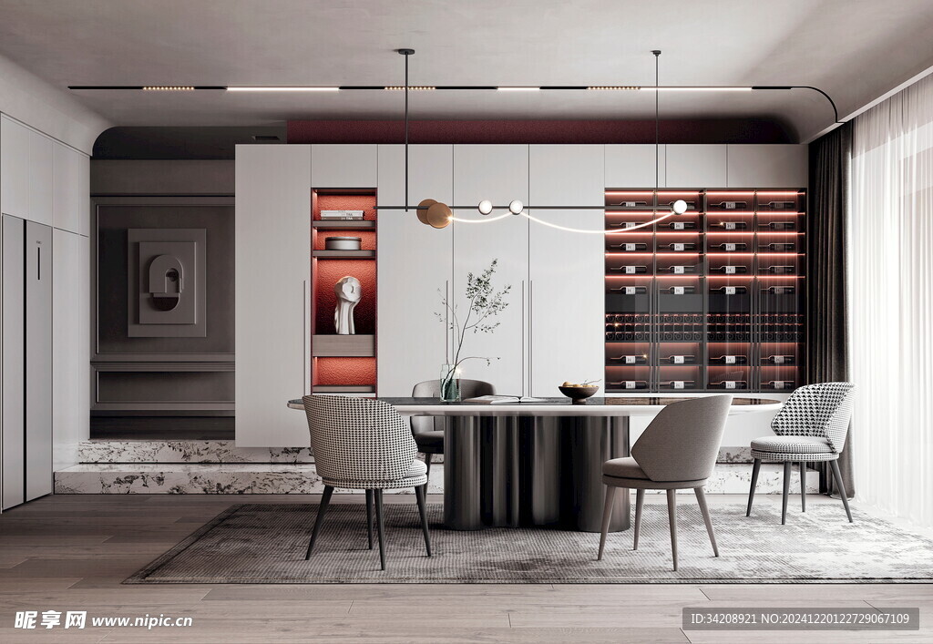 现代简约极简风格餐厅圆桌餐边柜