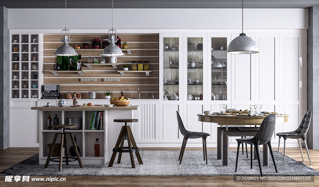 北欧厨房家居装修餐厅圆桌餐边柜