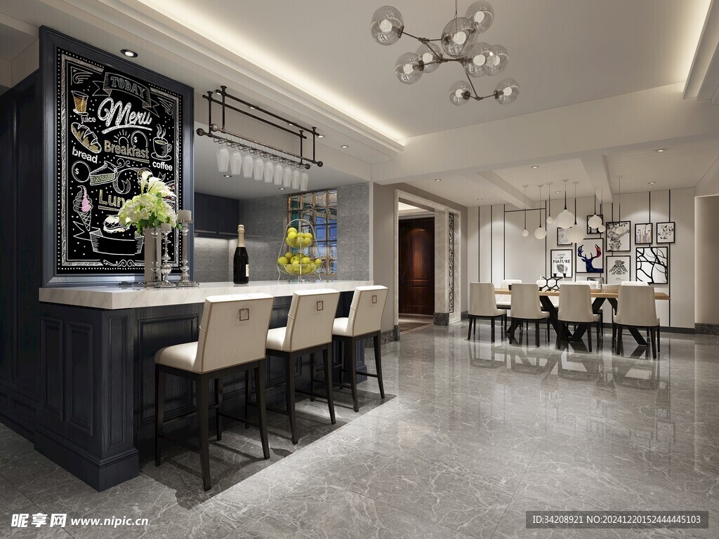 欧美厨房家居装修餐厅圆桌餐边柜