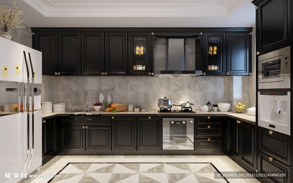 欧美厨房家居装修餐厅圆桌餐边柜