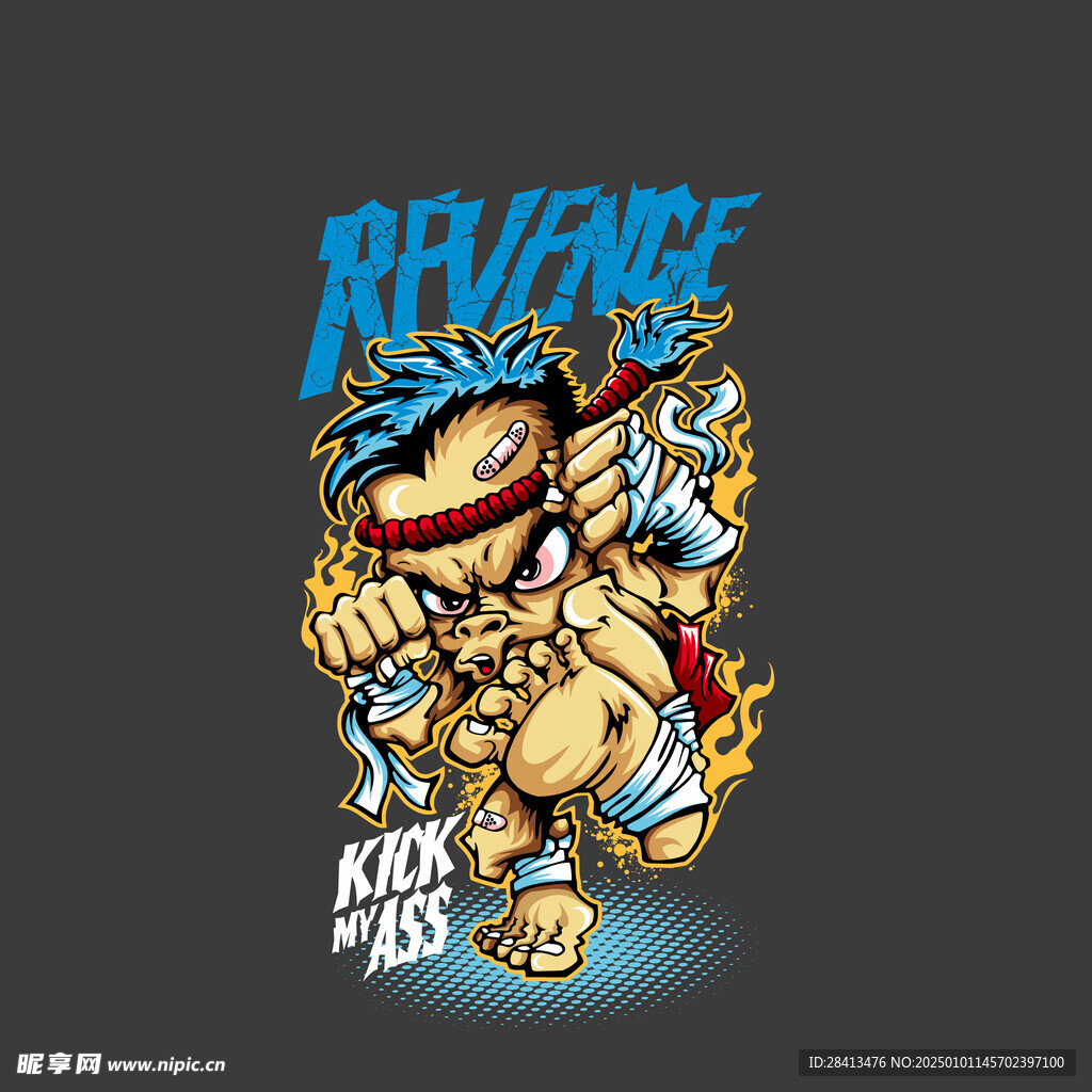 卡通英文武术男孩印花图案设计