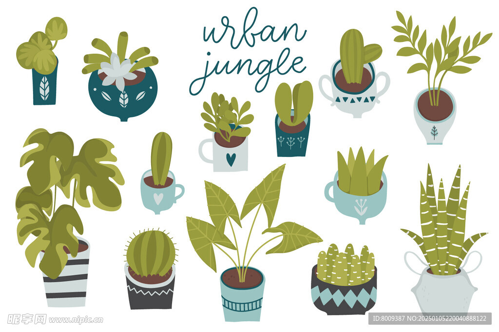 手绘卡通绿植盆栽矢量元素