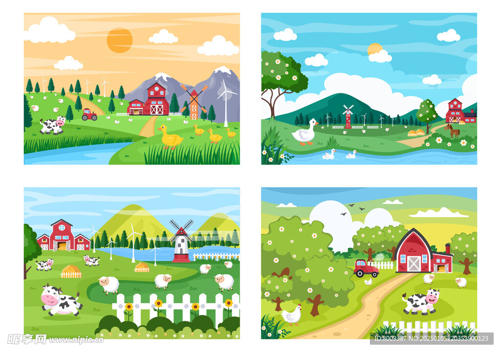 卡通农场牧场矢量插画