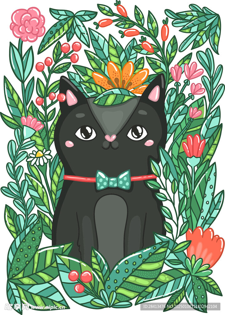 卡通花草猫印花设计