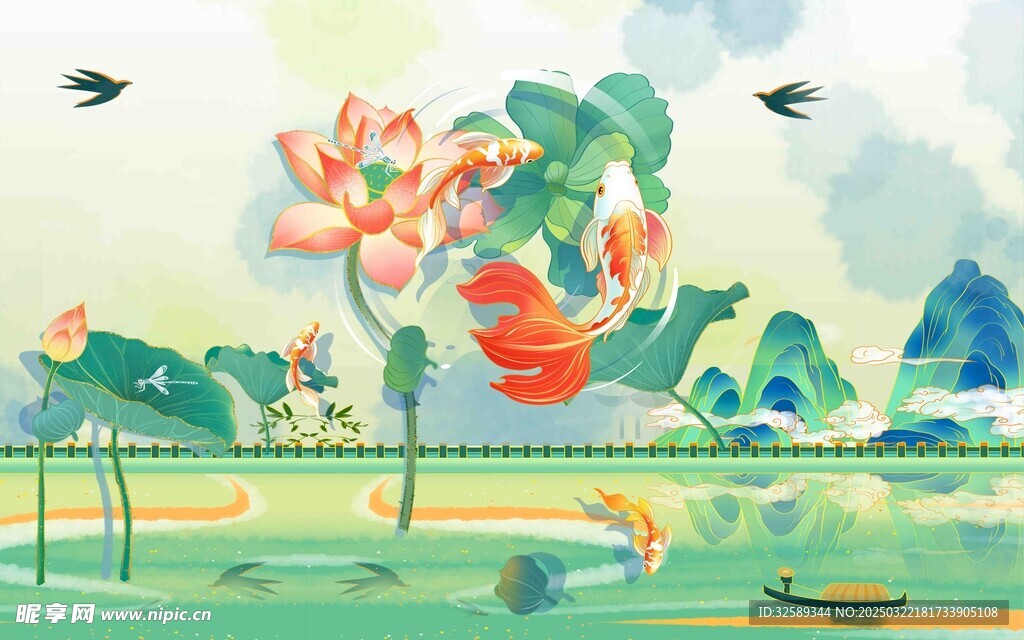 青山荷花新中式背景墙 