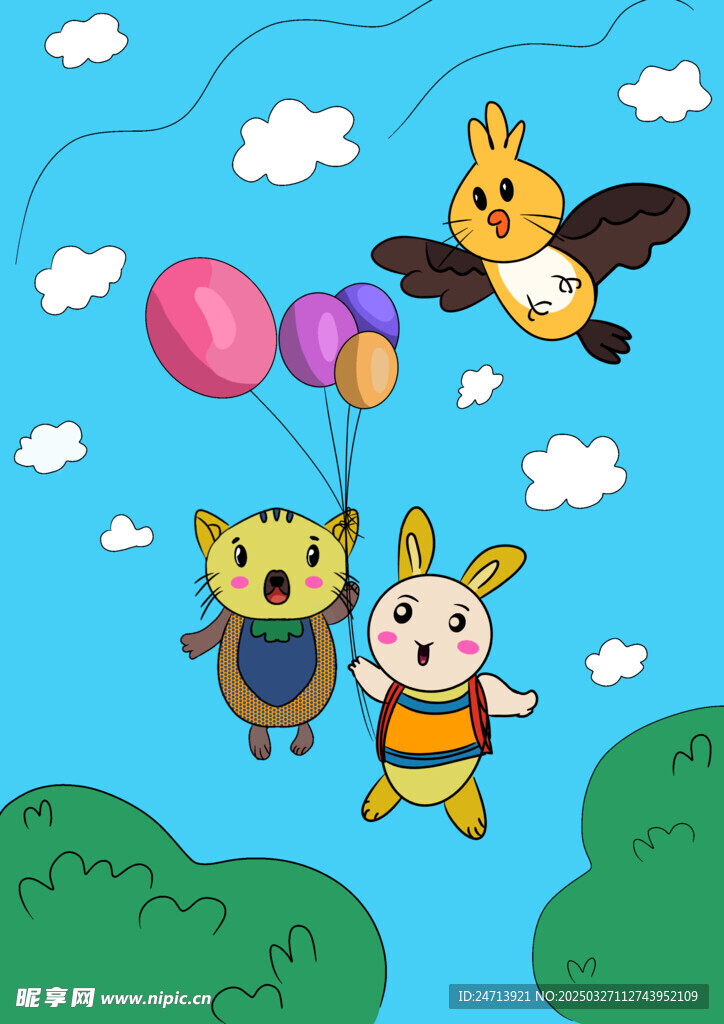 卡通动物拉着气球飞升了