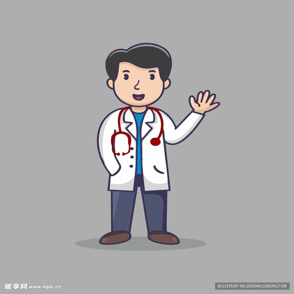 穿着白大褂戴着听诊器挥手的医生
