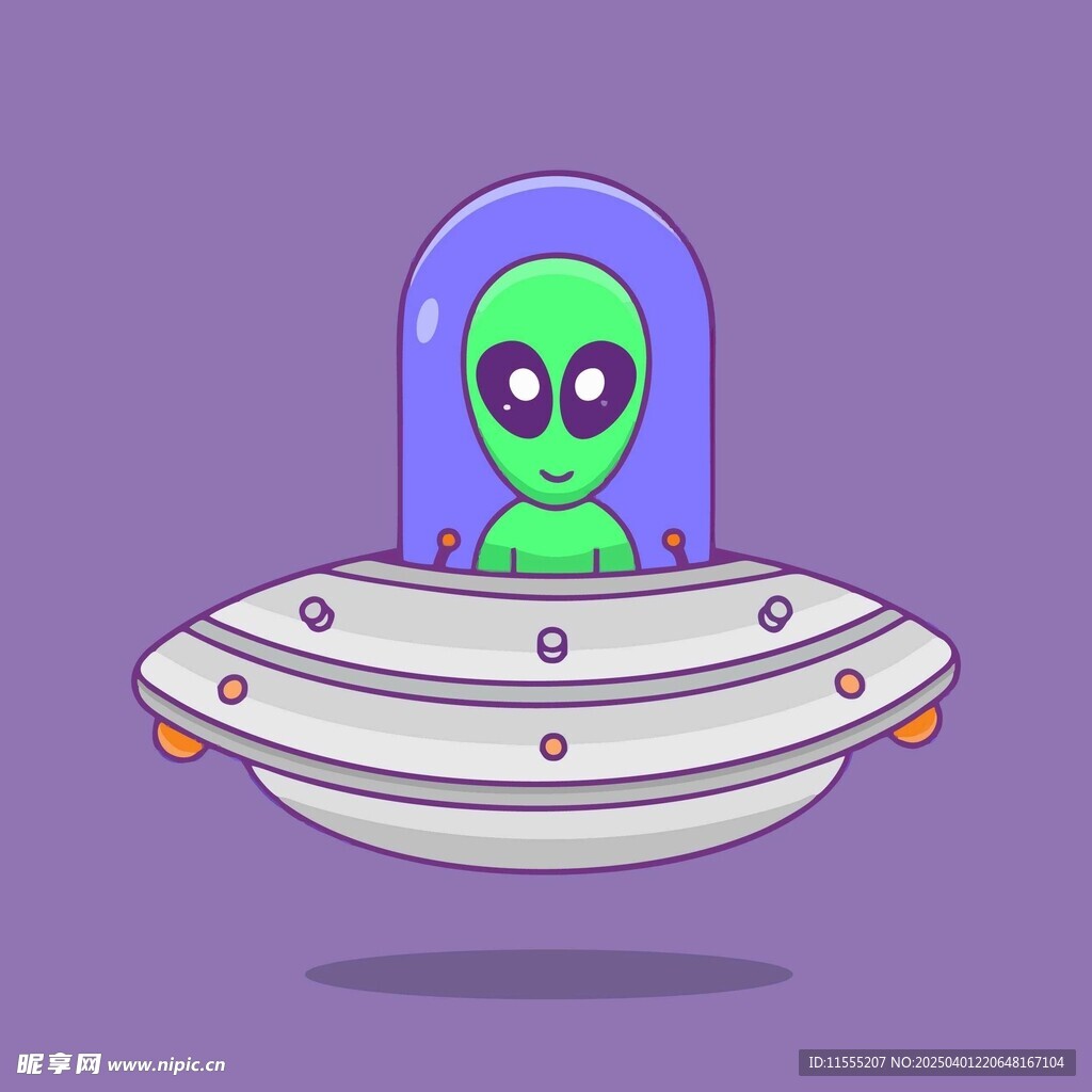 坐在飞碟里的绿色卡通外星人