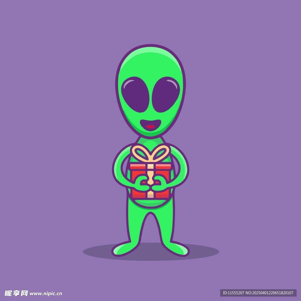 抱着礼物的绿色卡通外星人