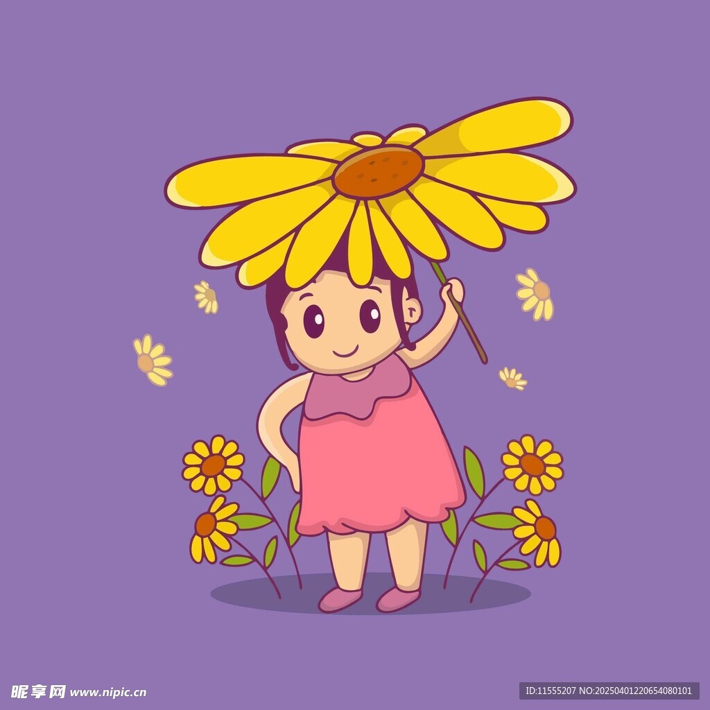头上戴着大花手持小花的卡通女孩