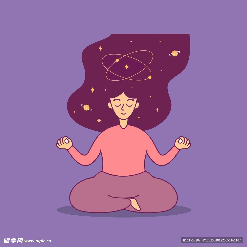 闭着眼睛冥想的女士周围有星系图