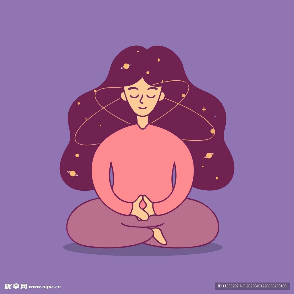 闭着眼睛冥想的卡通女士瑜伽
