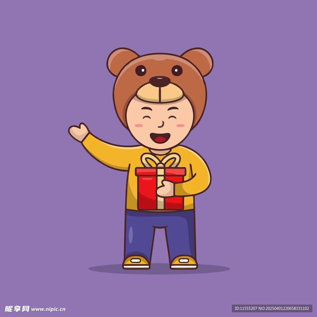 熊装手持礼物的卡通人