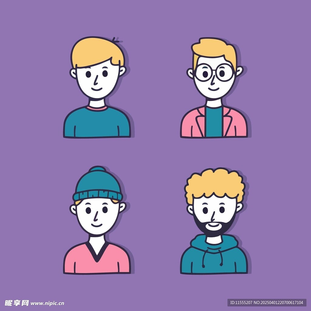 不同造型发型和衣着的卡通人物头