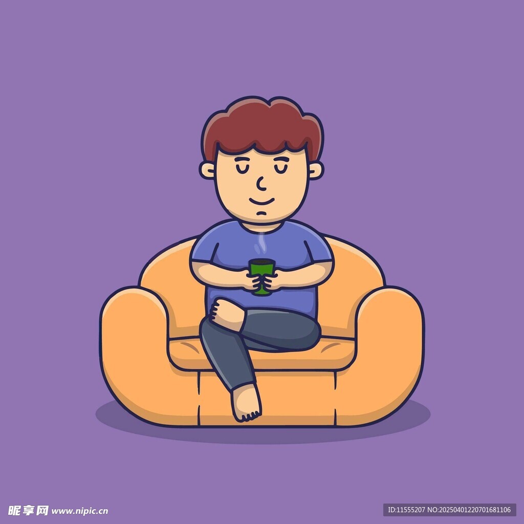 坐在橙色沙发上玩手机的卡通男孩