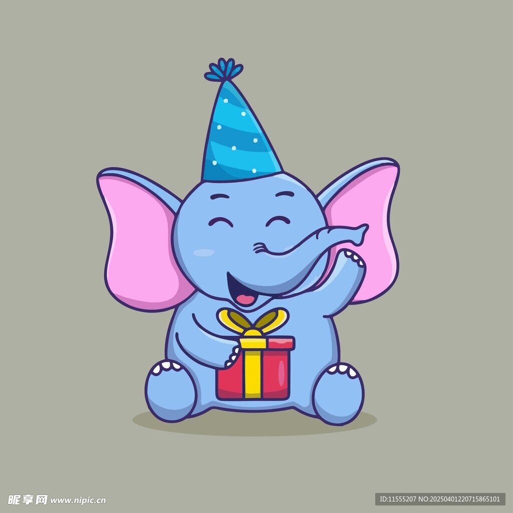 戴着生日帽抱着礼物的卡通大象