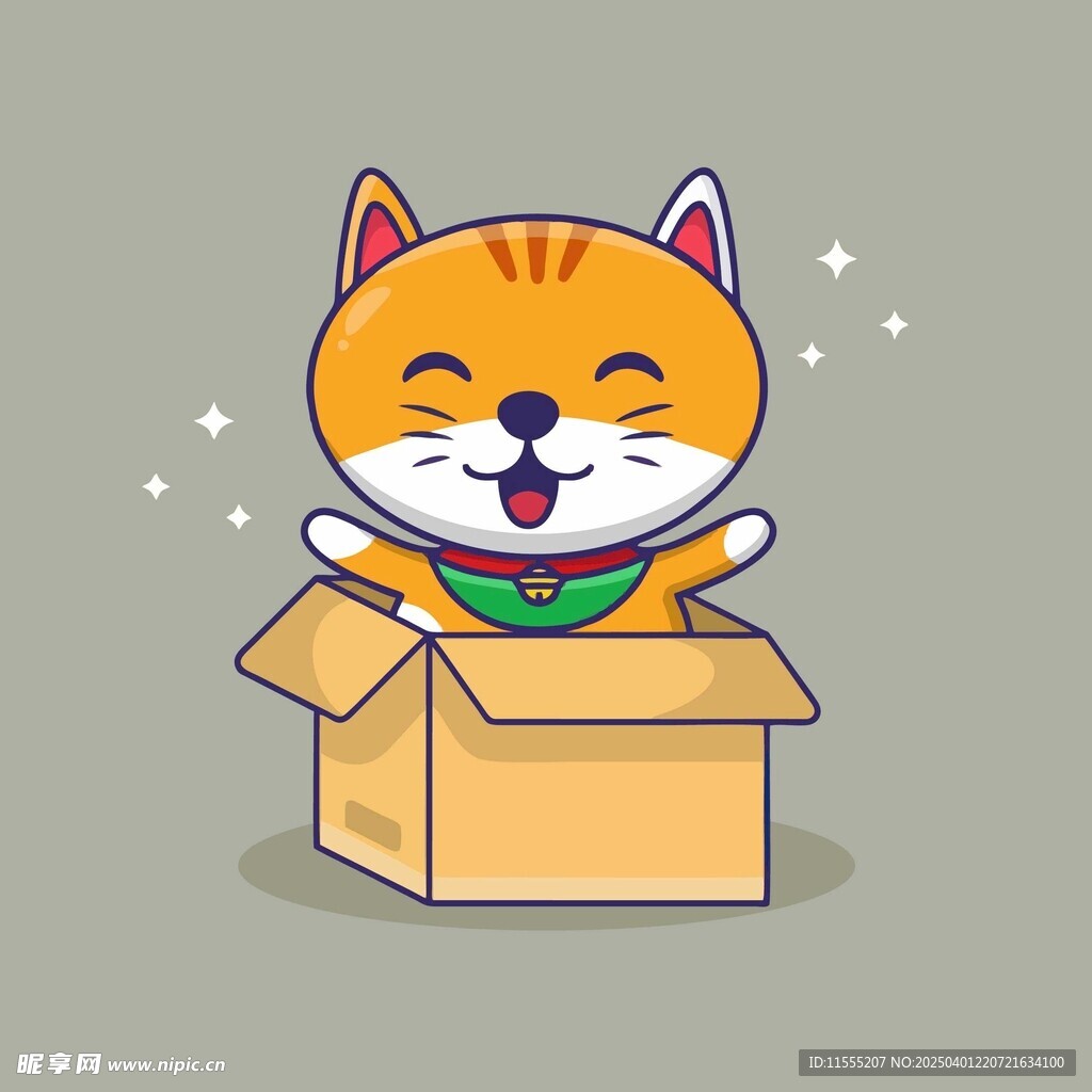 从纸箱中探出身的卡通花猫