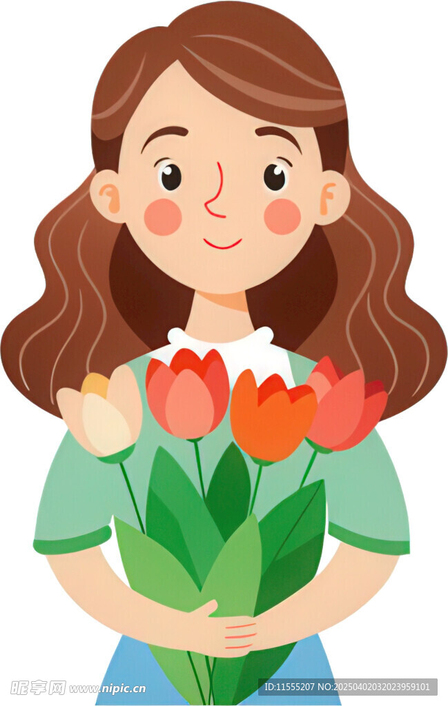 女孩捧花束笑容明艳动人免抠图