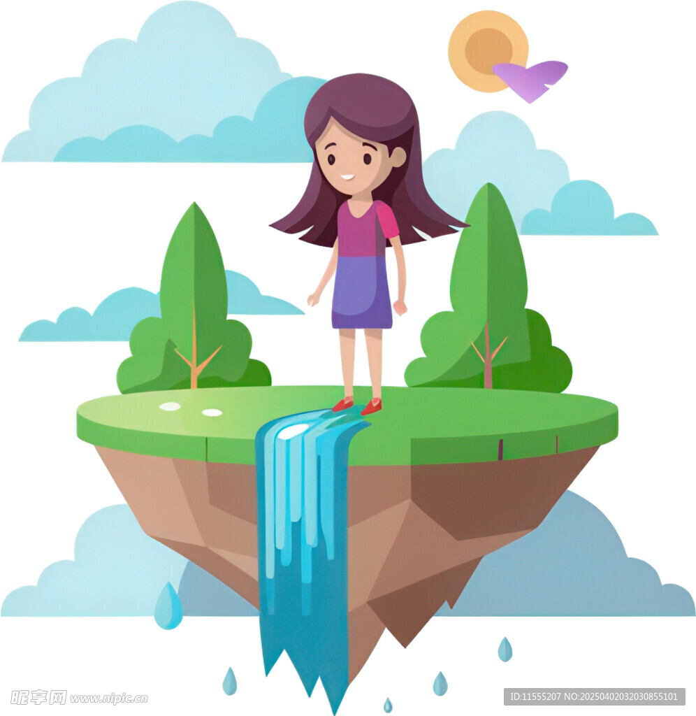 女孩站河流瀑布尽显梦幻风免抠图
