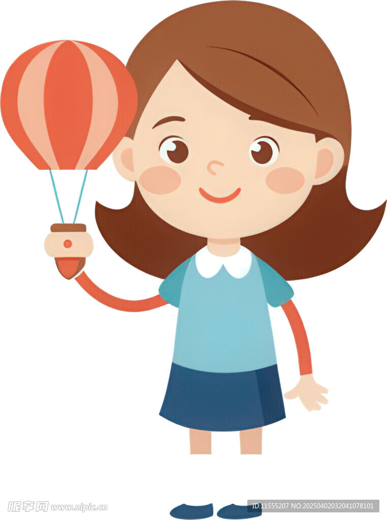 女孩牵热气球开心漫步前行免抠图