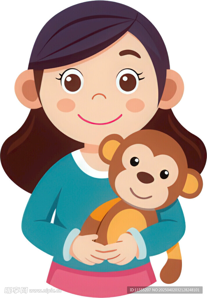 女孩抱小猴神情温柔亲昵免抠图